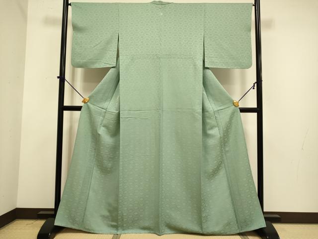 平和屋着物▽上質な色無地　単衣　七宝花地紋　青白橡色　正絹　逸品　DABE9971du