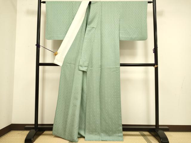 平和屋着物▽上質な色無地　単衣　七宝花地紋　青白橡色　正絹　逸品　DABE9971du