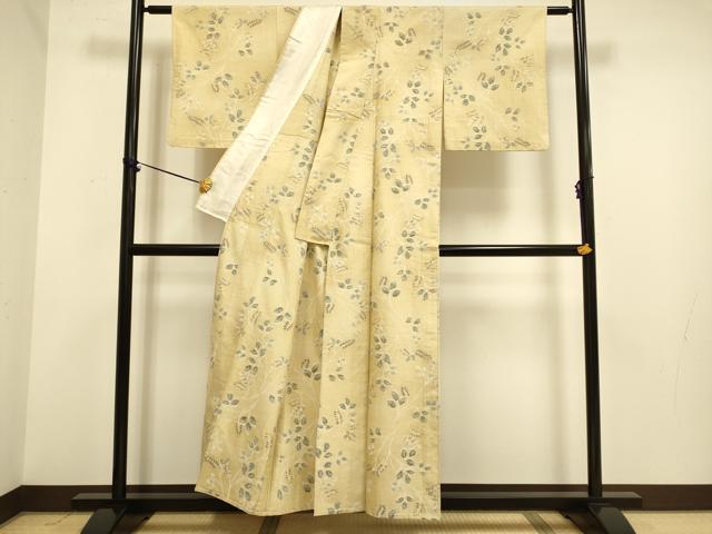 平和屋着物▽上質な紬　単衣　草葉文　正絹　逸品　DABE9980du