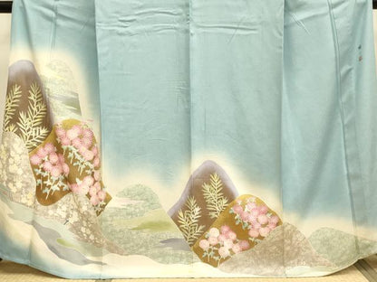 平和屋着物▽東京手描友禅　安達雅一　訪問着　単衣　重ね山花文　暈し染め　金彩　正絹　逸品　DABE9987du