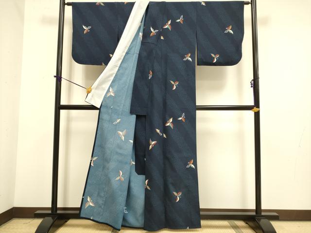 平和屋着物▽上質な小紋　単衣　斜線草花文　正絹　逸品　DABE9993du
