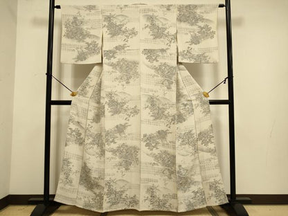 平和屋着物▽上質な小紋　単衣　手描き　草花文　鬼しぼ縮緬　正絹　逸品　DABE9994du