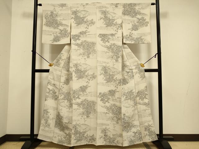 平和屋着物▽上質な小紋　単衣　手描き　草花文　鬼しぼ縮緬　正絹　逸品　DABE9994du