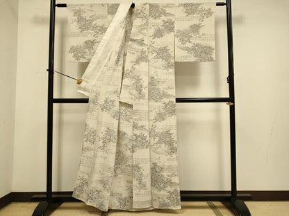 平和屋着物▽上質な小紋　単衣　手描き　草花文　鬼しぼ縮緬　正絹　逸品　DABE9994du