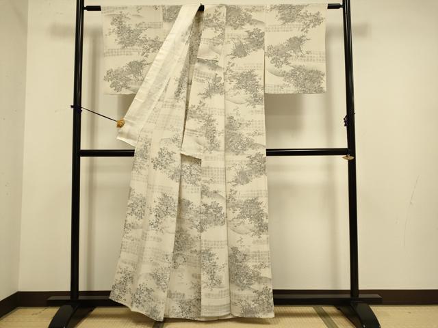 平和屋着物▽上質な小紋　単衣　手描き　草花文　鬼しぼ縮緬　正絹　逸品　DABE9994du
