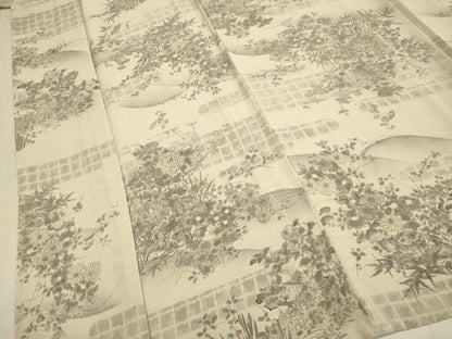 平和屋着物▽上質な小紋　単衣　手描き　草花文　鬼しぼ縮緬　正絹　逸品　DABE9994du