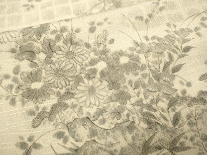 平和屋着物▽上質な小紋　単衣　手描き　草花文　鬼しぼ縮緬　正絹　逸品　DABE9994du