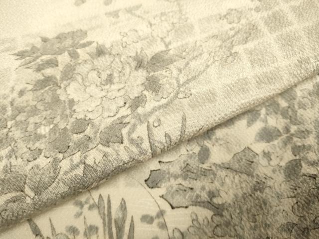 平和屋着物▽上質な小紋　単衣　手描き　草花文　鬼しぼ縮緬　正絹　逸品　DABE9994du