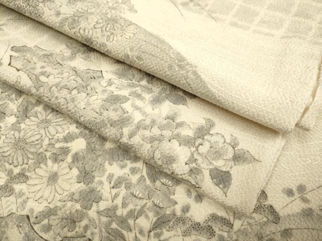 平和屋着物▽上質な小紋　単衣　手描き　草花文　鬼しぼ縮緬　正絹　逸品　DABE9994du