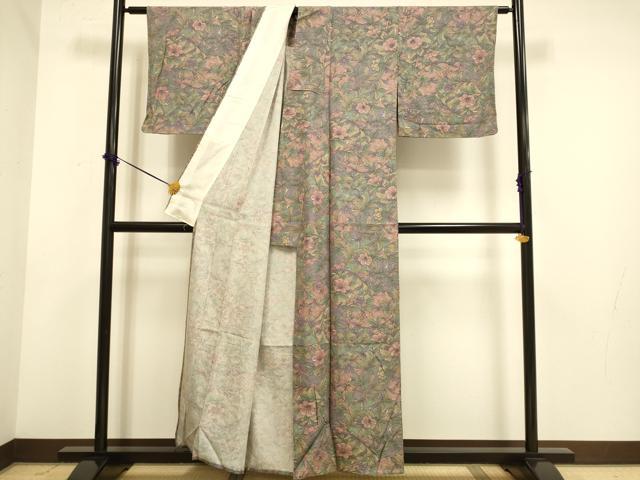 平和屋着物▽上質な小紋　単衣　草花文　正絹　逸品　DABE9995du