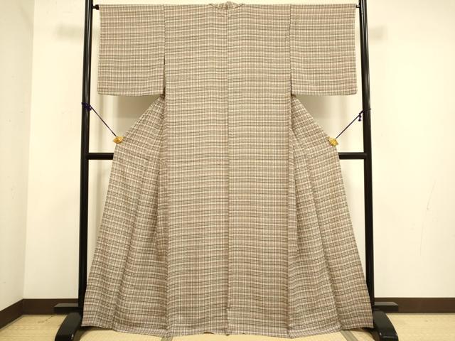 平和屋着物▽上質な小紋　単衣　格子柄　正絹　逸品　DABE9997du
