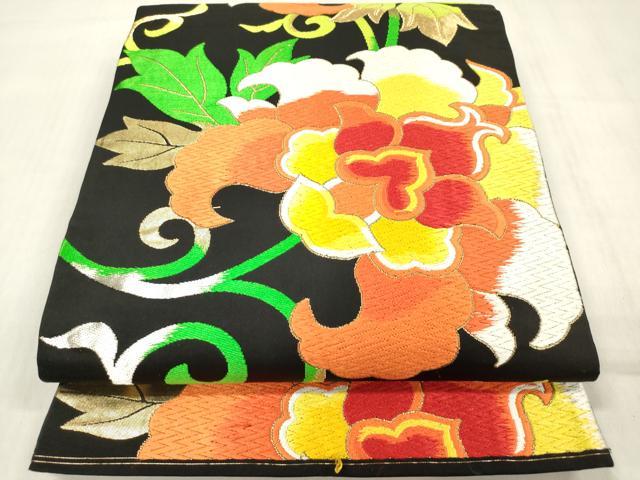 平和屋着物◎六通柄袋帯 唐織 更紗花唐草文 黒地 金糸 正絹 逸品 DABF0005ea