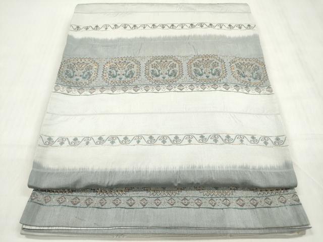 平和屋着物◎全通柄袋帯 しじら織 横段花唐草文 金糸 正絹 逸品 DABF0027ea