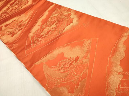 平和屋着物◎両面　全通柄袋帯　女人檜扇文　金糸　正絹　逸品　DABF0034ea