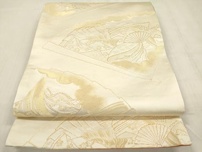 平和屋着物◎両面　全通柄袋帯　女人檜扇文　金糸　正絹　逸品　DABF0034ea
