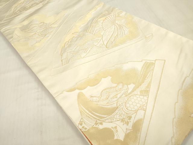 平和屋着物◎両面　全通柄袋帯　女人檜扇文　金糸　正絹　逸品　DABF0034ea