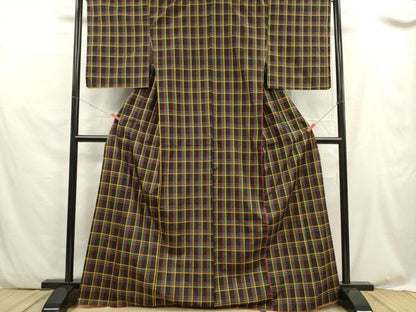 平和屋着物■本場縞大島紬 格子 黒地 正絹 逸品 未使用 DABF0057ea