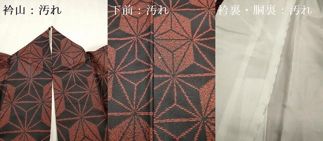 平和屋着物■上質な紬　麻の葉文様　黒地　正絹　逸品　DABF0077ea
