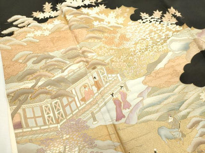 平和屋着物■豪華黒留袖　作家物　駒刺繍　風景花松文　金彩　正絹　逸品　DABF0088ea