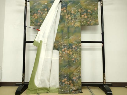 平和屋着物■訪問着　紬地　秋草文　ロング丈　正絹　逸品　DABF0118ea