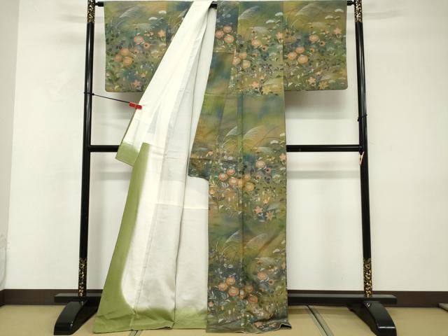 平和屋着物■訪問着　紬地　秋草文　ロング丈　正絹　逸品　DABF0118ea