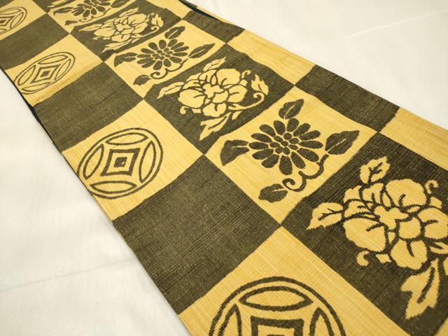 平和屋着物◎全通柄袋帯 紬地 市松七宝花文 正絹 逸品 DABF0156ea
