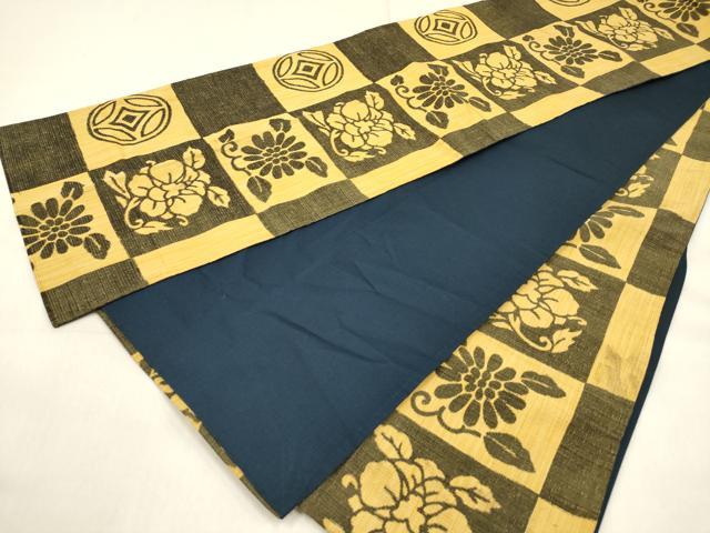 平和屋着物◎全通柄袋帯 紬地 市松七宝花文 正絹 逸品 DABF0156ea