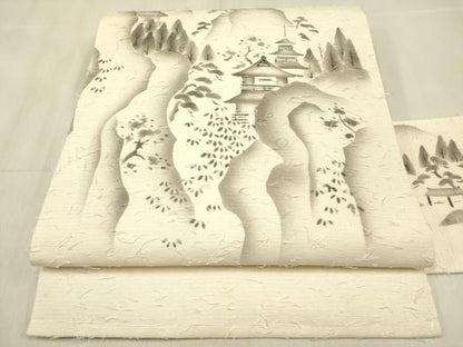 平和屋着物◎九寸名古屋帯 作家物 手描き 髭紬 風景文 正絹 逸品 DABF0160ea