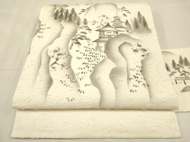 平和屋着物◎九寸名古屋帯 作家物 手描き 髭紬 風景文 正絹 逸品 DABF0160ea