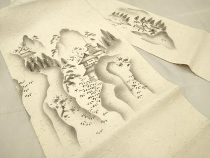 平和屋着物◎九寸名古屋帯 作家物 手描き 髭紬 風景文 正絹 逸品 DABF0160ea