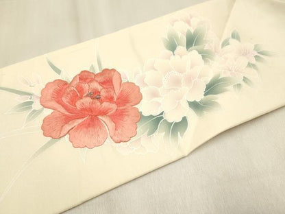 平和屋着物◎九寸名古屋帯 刺繍 牡丹花文 銀糸 正絹 逸品 DABF0161ea
