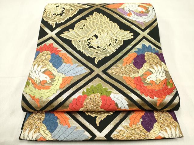 平和屋着物◎六通柄袋帯 唐織 格子鳳凰文 黒地 金銀糸 正絹 逸品 DABF0180ea