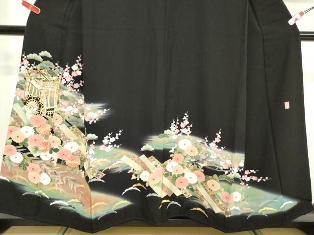 平和屋着物■豪華黒留袖　作家物　駒刺繍　御所車花松文　暈し染め　金彩　正絹　逸品　DABF0198ea