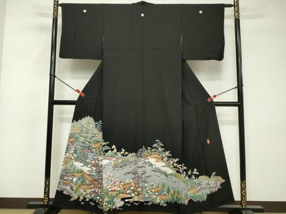 平和屋着物■豪華黒留袖　友禅　作家物　風景花文　松竹梅　正絹　逸品　DABF0199ea