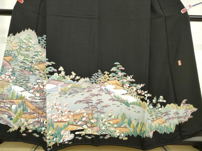 平和屋着物■豪華黒留袖　友禅　作家物　風景花文　松竹梅　正絹　逸品　DABF0199ea