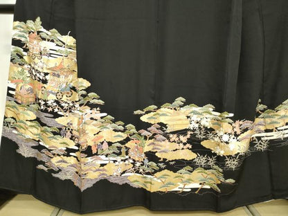 平和屋着物■豪華黒留袖　駒刺繍　人物風景花文　金彩　正絹　逸品　DABF0202ea