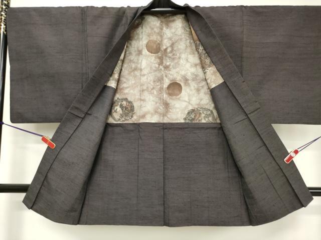 平和屋着物■男性　紬　アンサンブル　長羽織　霞文　正絹　逸品　DABF0218ea