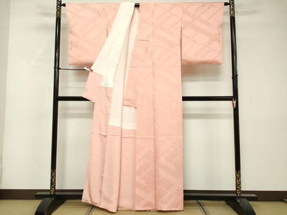 平和屋着物■上質な色無地　変わり格子地紋　珊瑚色　正絹　逸品　DABF0225ea