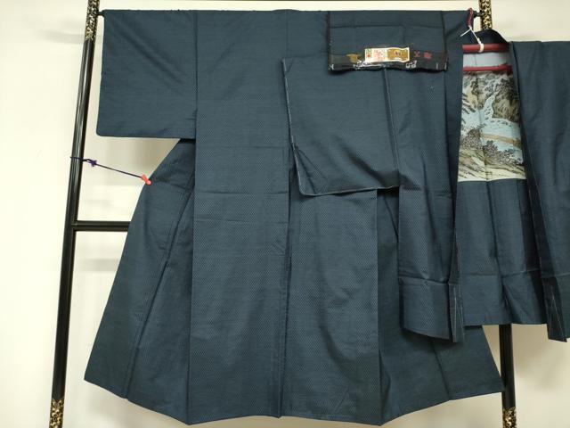 平和屋着物■男性　本場大島紬　アンサンブル　長羽織　菱繋ぎ　里秋豊作　証紙付き　正絹　逸品　DABF0230ea