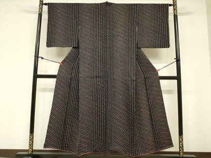平和屋着物■上質な小紋　総絞り　斜縞　黒地　正絹　逸品　DABF0252ea