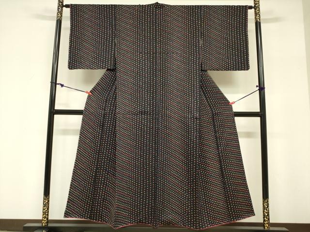 平和屋着物■上質な小紋　総絞り　斜縞　黒地　正絹　逸品　DABF0252ea