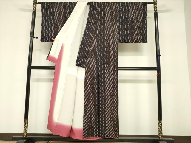 平和屋着物■上質な小紋　総絞り　斜縞　黒地　正絹　逸品　DABF0252ea