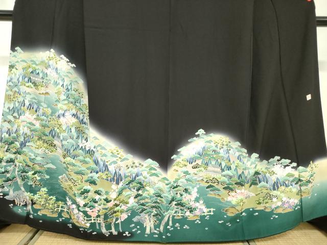 平和屋着物■豪華黒留袖　友禅　作家物　風景花文　松竹梅　暈し染め　正絹　逸品　DABF0254ea