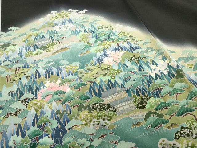 平和屋着物■豪華黒留袖　友禅　作家物　風景花文　松竹梅　暈し染め　正絹　逸品　DABF0254ea