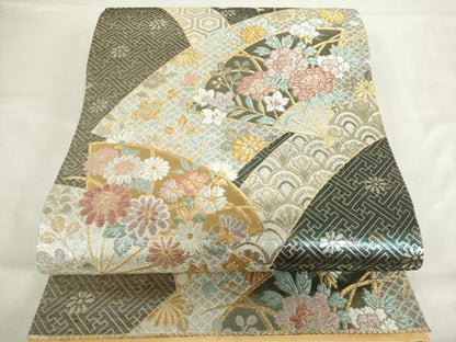 平和屋着物◎六通柄袋帯　扇面花文　金銀糸　正絹　逸品　DABF0299ea