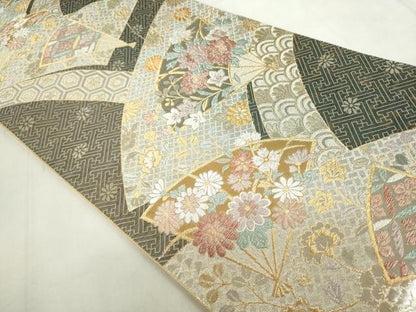 平和屋着物◎六通柄袋帯　扇面花文　金銀糸　正絹　逸品　DABF0299ea