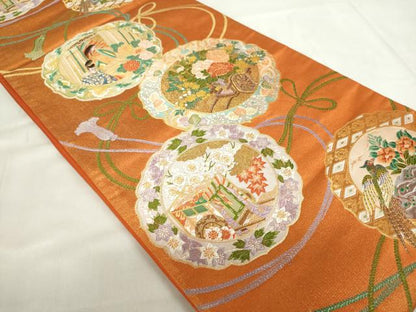 平和屋着物◎西陣　長嶋成織物　ながしま帯　六通柄袋帯　唐織　平安朝鏡裏　金糸　証紙付き　正絹　逸品　DABF0312ea