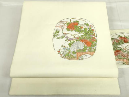 平和屋着物◎九寸名古屋帯　唐織　風景花文　正絹　逸品　DABF0316ea