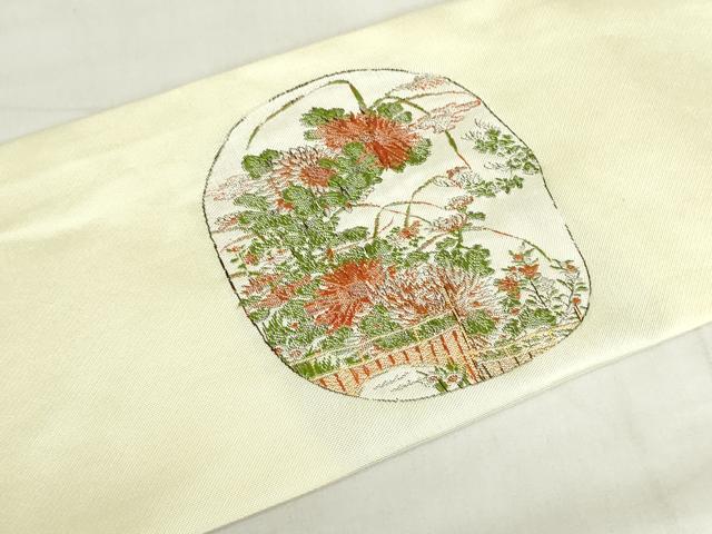 平和屋着物◎九寸名古屋帯　唐織　風景花文　正絹　逸品　DABF0316ea