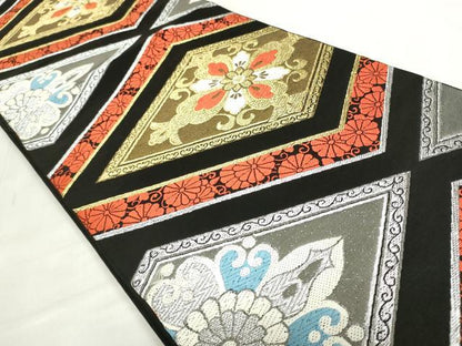 平和屋着物◎六通柄　京本袋帯　唐織　花菱文　黒地　金銀糸　正絹　逸品　DABF0323ea